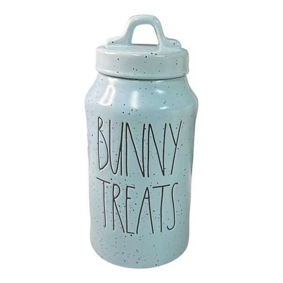 Rae Dunn "BUNNY TREATS" Blue Speckled Medium Canister - Picture 1 of 1